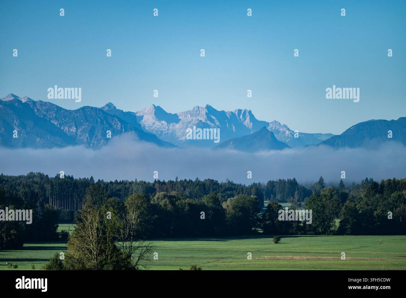 Splendido sole su tutta Salisburgo, in ampie zone è completamente limpido. Nell'immagine: Nebbia mattutina sulle foreste nel nord di Salisburgo con vista verso il paesaggio montuoso della Baviera. 15.09.2026. // Sole brillante su tutta Salisburgo; le condizioni sono completamente limpide su vaste aree. Immaginato: Nebbia mattutina sulle foreste nel nord di Salisburgo, guardando verso le montagne della Baviera. 15 settembre 2026. Credit: APA-Images/Alamy Live News Foto Stock