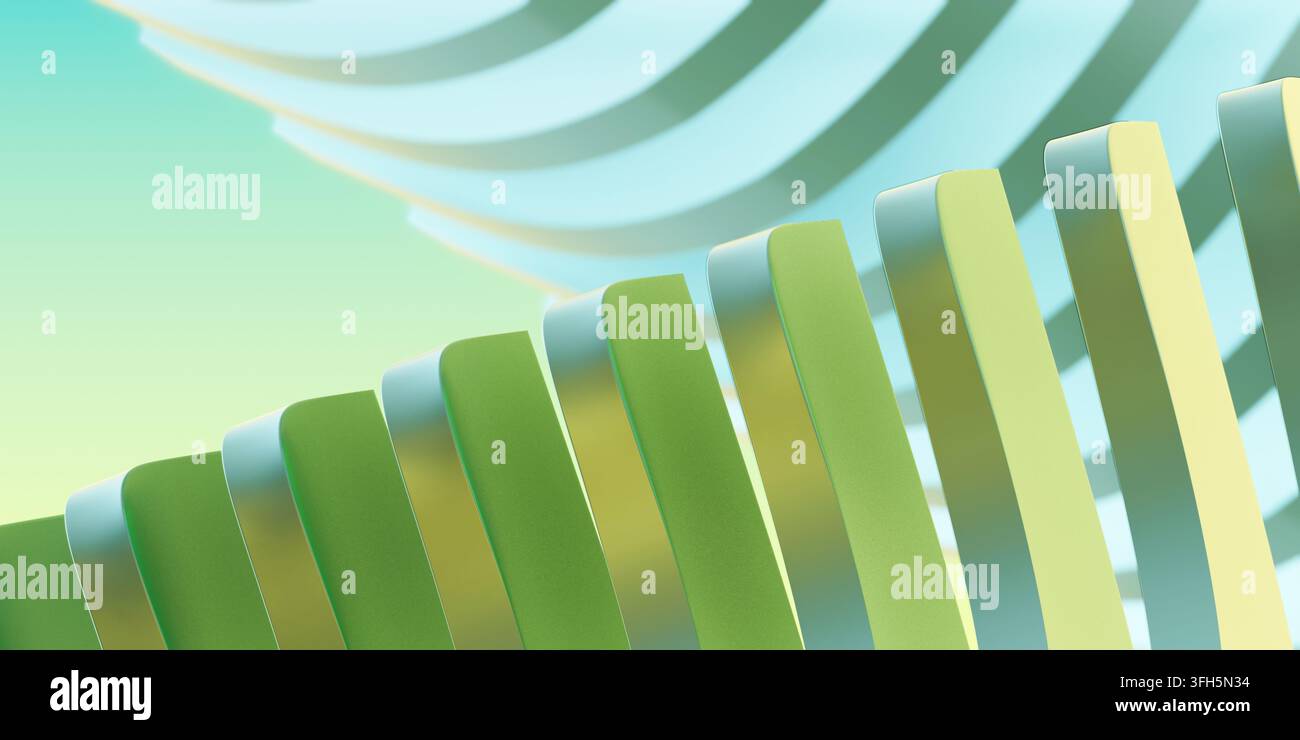Rappresentazione 3D minimalista moderna di linee d'onda curve verdi e gialle con sfondo pastello sfocato. Foto Stock