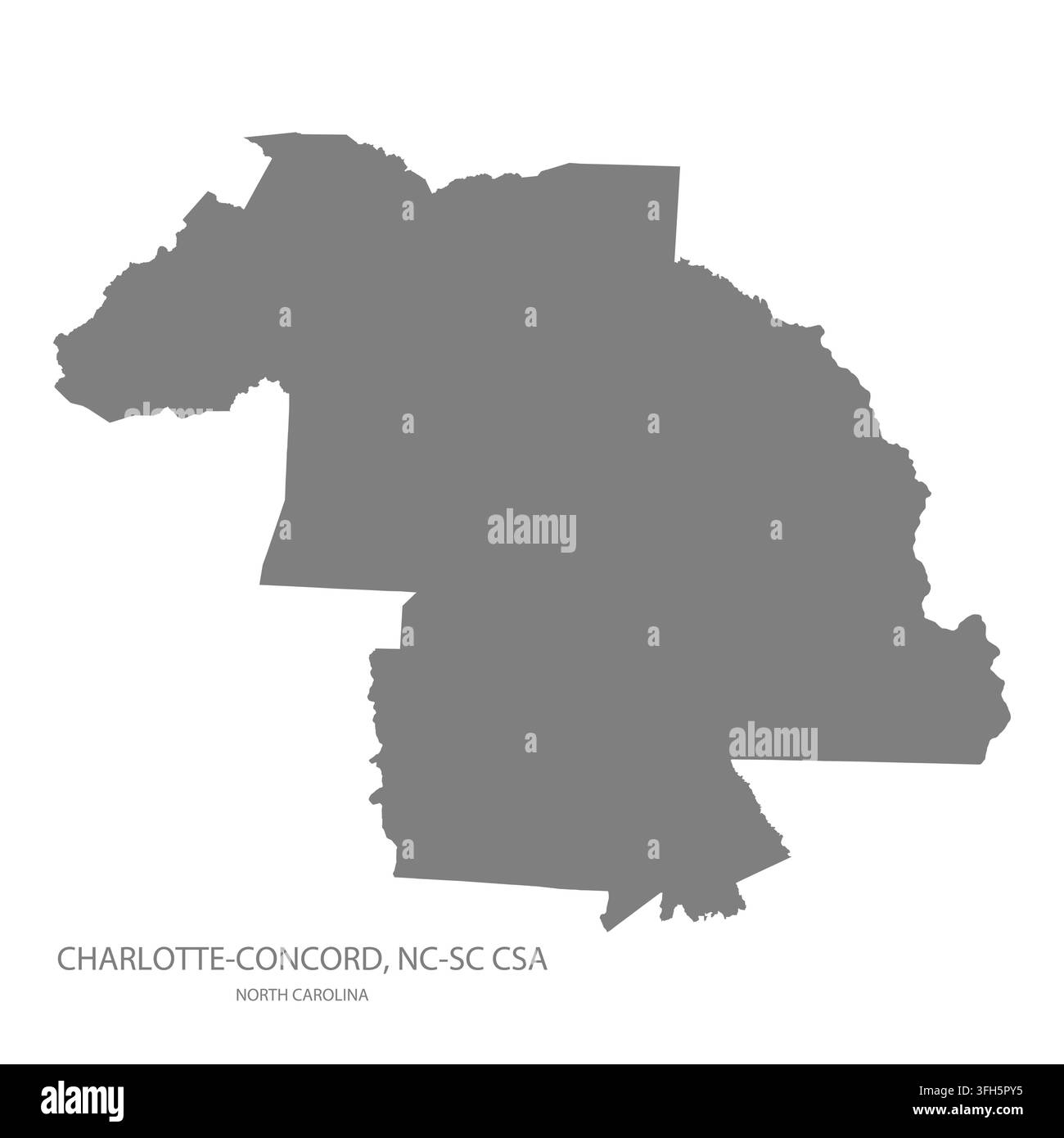 Mappa vettoriale piatta moderna di Charlotte-Concord, Nc-Sc Csa, Carolina del Nord, Stati Uniti. Silhouette dettagliata dei confini delle aree statistiche in grigio su bianco Illustrazione Vettoriale