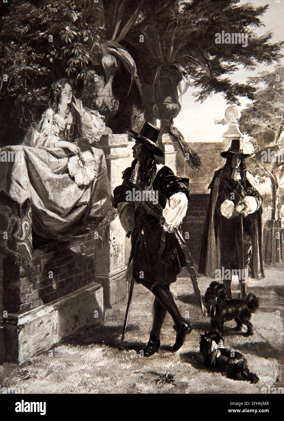 Illustrazione di re Carlo II e della sua amante, l'attrice Nell Gwynn, a St James Park a Londra dal dipinto di E.M.Ward dell'edizione Cassell del 1905 Foto Stock
