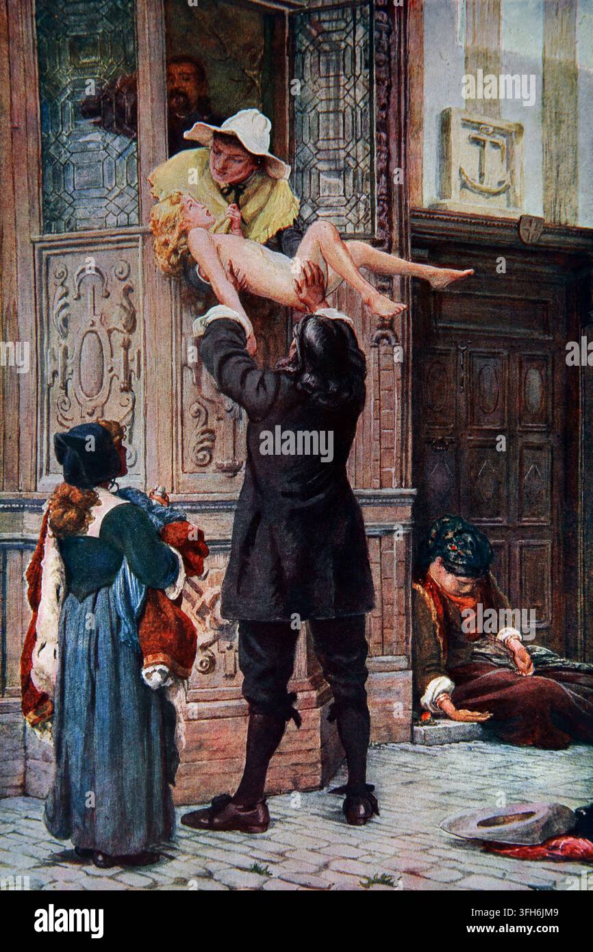 Illustrazione di un bambino salvato dalla peste nel 1665 da un dipinto di Franklin William Warwick Topham basato su una voce del diario di Samuel Pepys fr Foto Stock