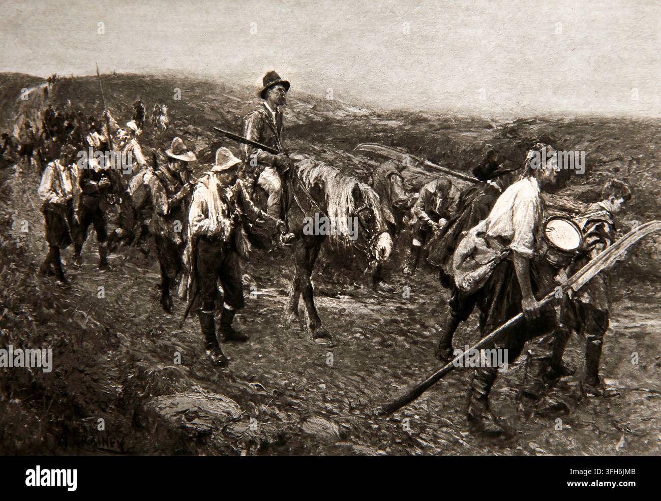 Illustrazione di After Sedgemoor da un dipinto di William Rainey che raffigura le conseguenze della battaglia di Sedgemoor nel 1685, l'ultima battaglia di Monmo Foto Stock