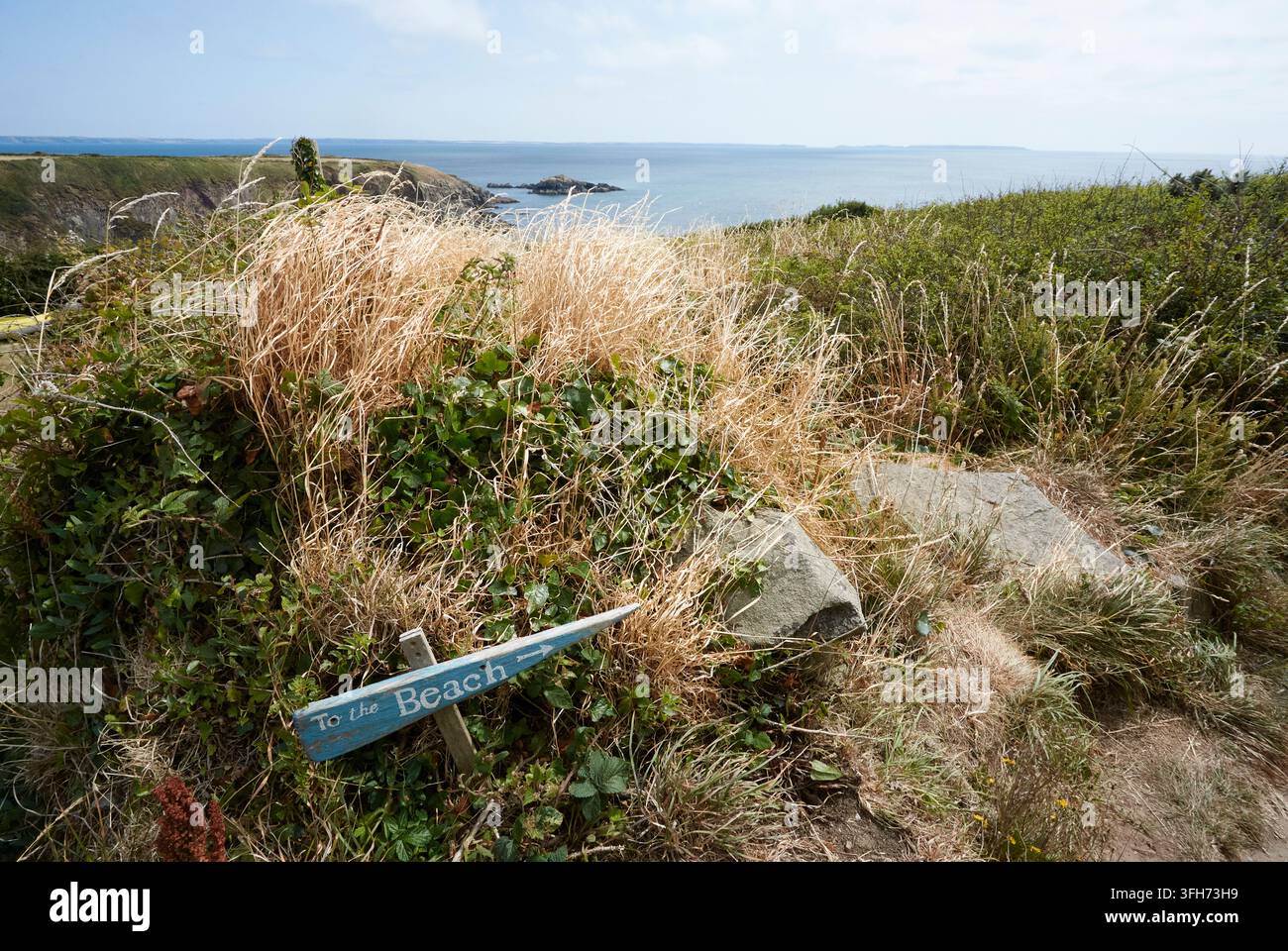 Insegna dipinta a mano con la scritta "Verso la spiaggia", Caerfai, St David's, Galles, Regno Unito Foto Stock