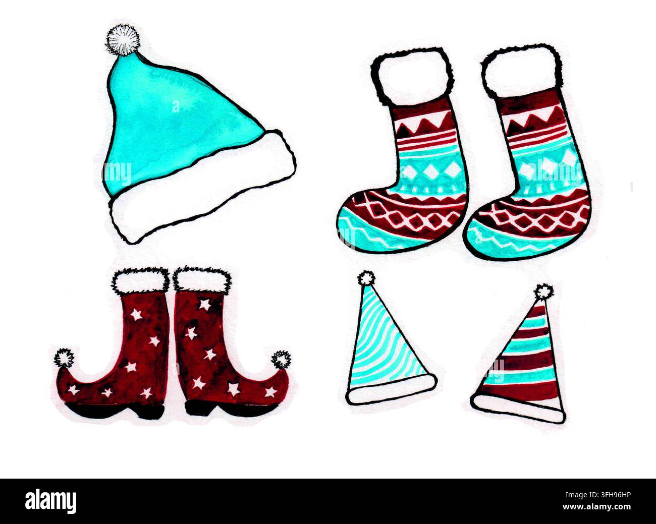 Set natalizio disegnato a mano con accessori invernali. Cappelli di Babbo Natale, calzini fantasia, stivali da elfo con stelle. Illustrazione acquerellata e a pennarello in turchese, bordeaux e bianco. Elemento per biglietti, adesivi, stampa Foto Stock