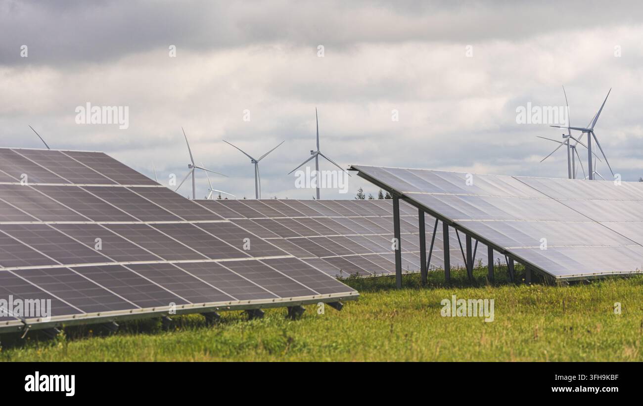 File di pannelli solari in un campo erboso con turbine eoliche sotto nuvole scure, generazione combinata di energia solare ed eolica. Foto di alta qualità Foto Stock