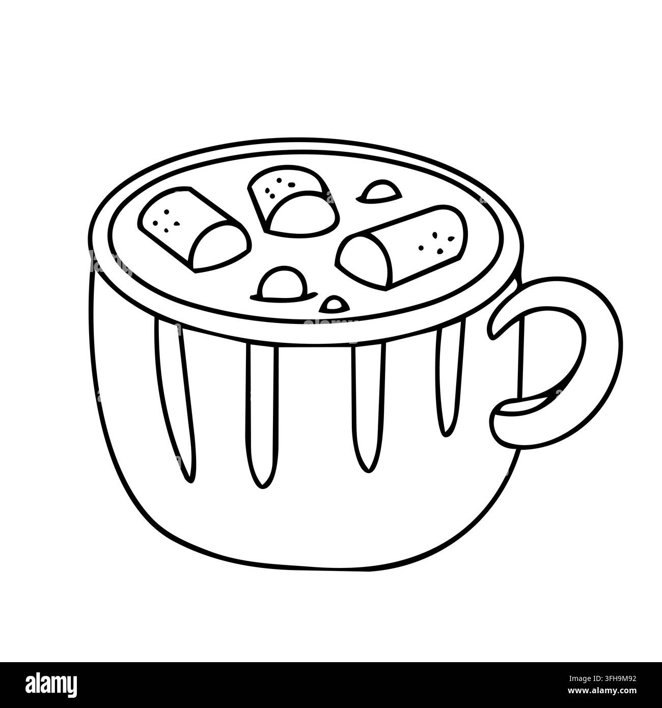 Illustrazione vettoriale di cioccolata calda con sfondo natalizio. Estetica cottagecore vintage in stile lineare. Elemento di motivo di bevanda per le feste invernali. Illustrazione Vettoriale