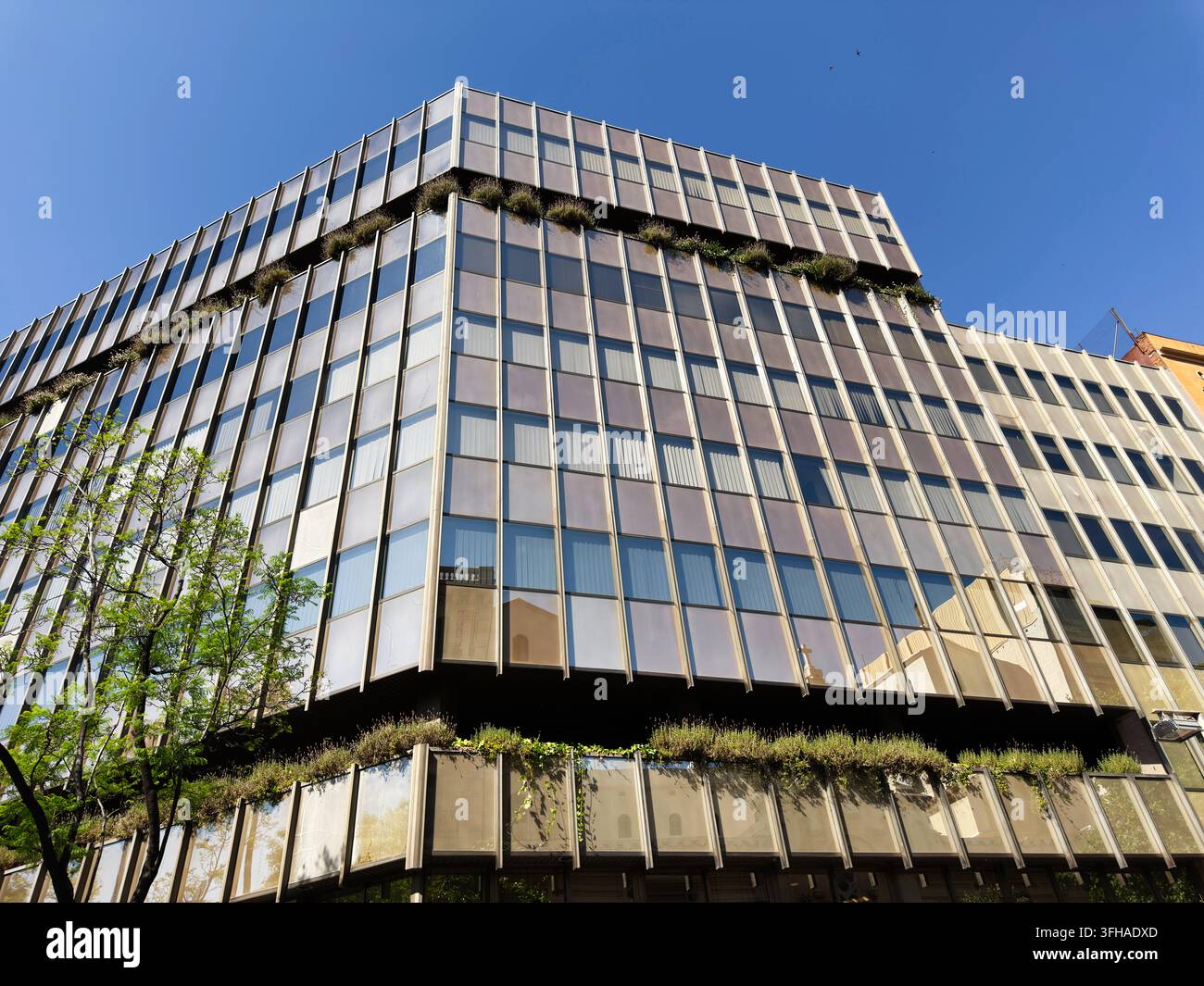 Edificio per uffici in vetro contemporaneo a Barcellona, Spagna con terrazze piantate, finestre riflettenti e design urbano. Foto Stock