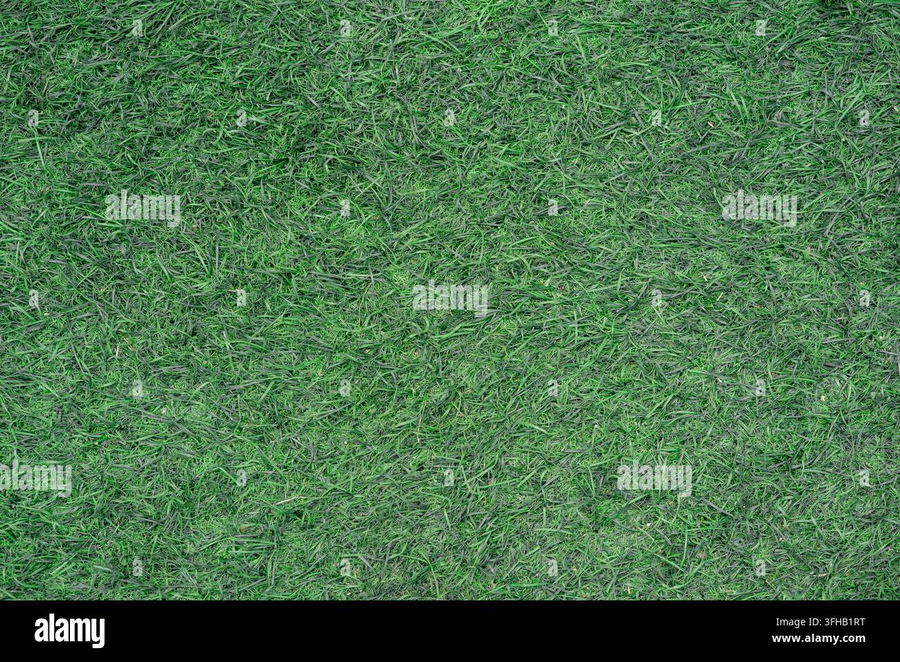 Testura di sfondo a tutto campo visto dall'alto di tappeto in erba artificiale verde. Foto Stock