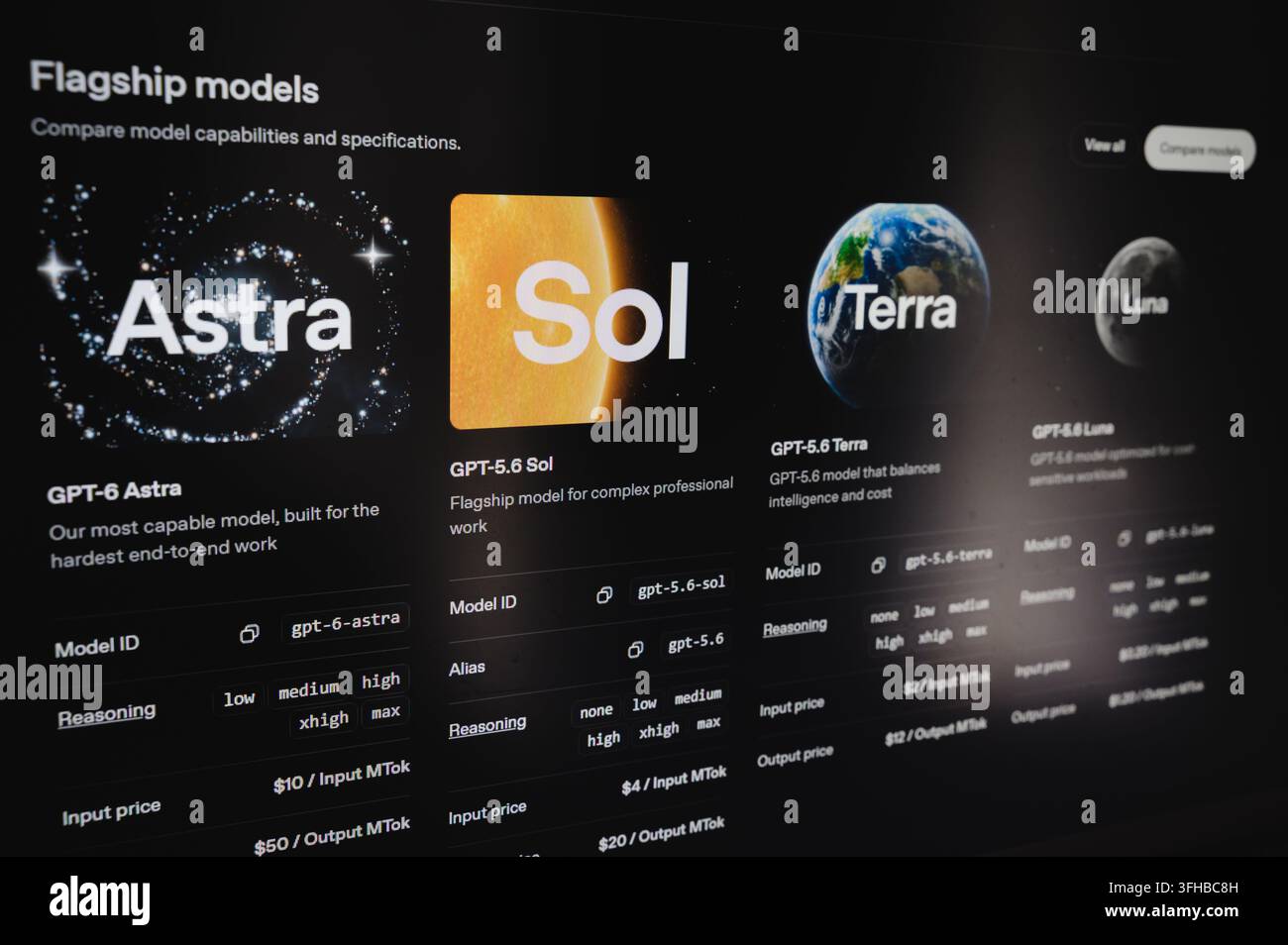Parigi, Francia – 16 settembre 2026: Interfaccia dei modelli di intelligenza artificiale di punta di OpenAI che mostra Astra, Sol e Terra. Foto Stock
