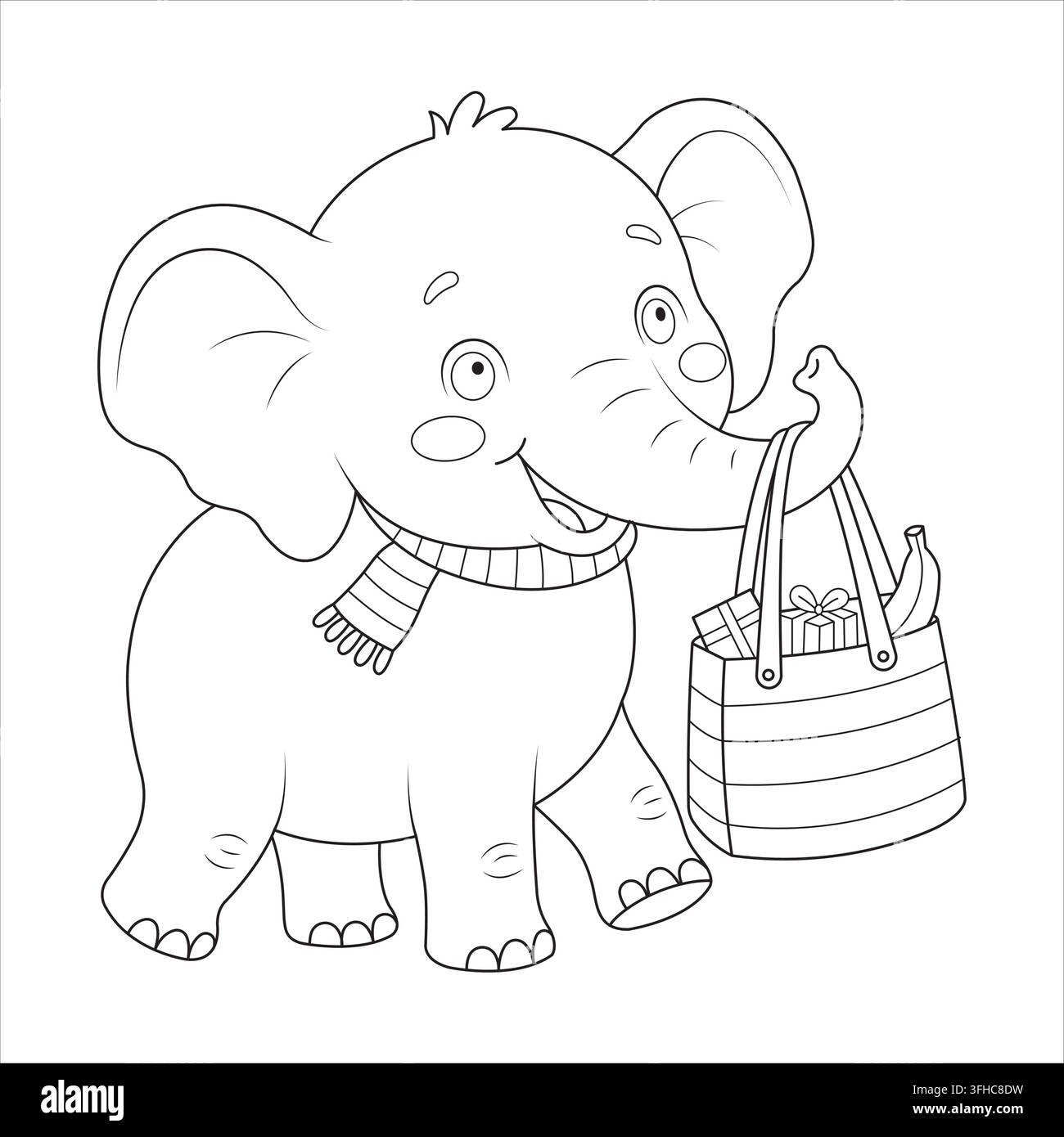 Borsa della spesa regalo sciarpa elefante che cammina e tiene una borsa della spesa con regali Illustrazione Vettoriale