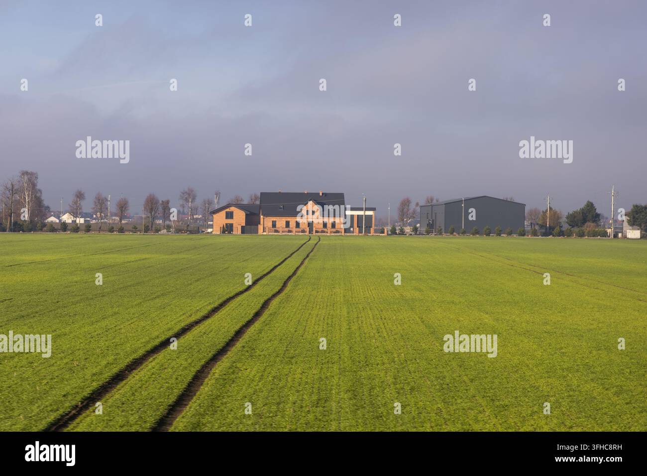 Una spaziosa casa in mattoni si trova accanto a un magazzino metallico in un paesaggio di campagna sereno, illustrando la fusione di fascino rustico tradizionale e contem Foto Stock
