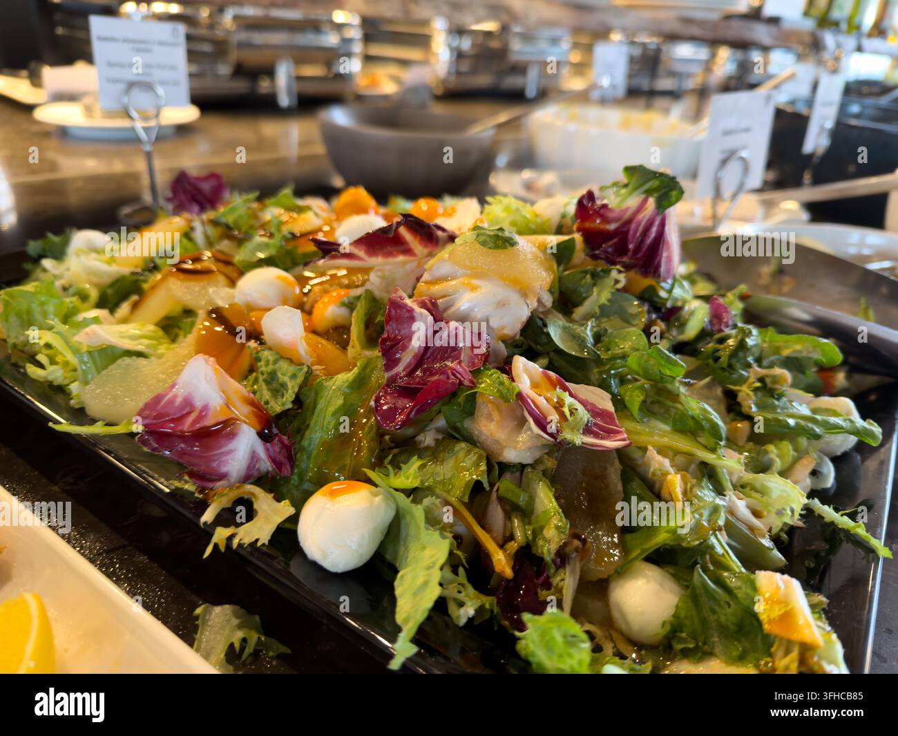 Primo piano di un'insalata vivace con misto di verdure, palline di mozzarella e frutta, splendidamente presentata su un piatto scuro per cene a buffet in hotel o upsc Foto Stock