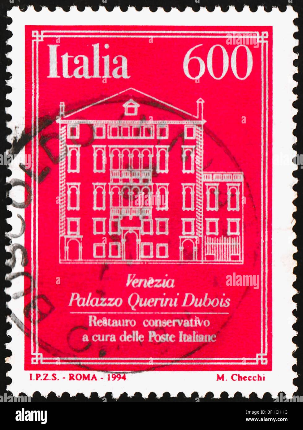 Francobollo italiano del 1994 con il Palazzo Querini Dubois a Venezia e il suo restauro, 600 lire. Foto Stock