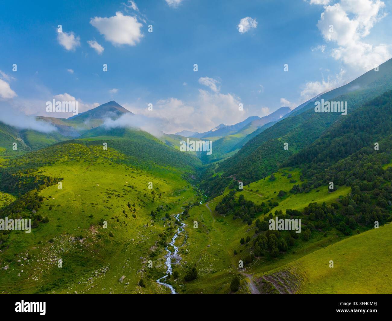 La prospettiva aerea rivela una valle montana mozzafiato immersa nella luce del giorno. Un fiume chiaro e poco profondo serpeggia attraverso il paesaggio verde vibrante, fiancheggiato Foto Stock
