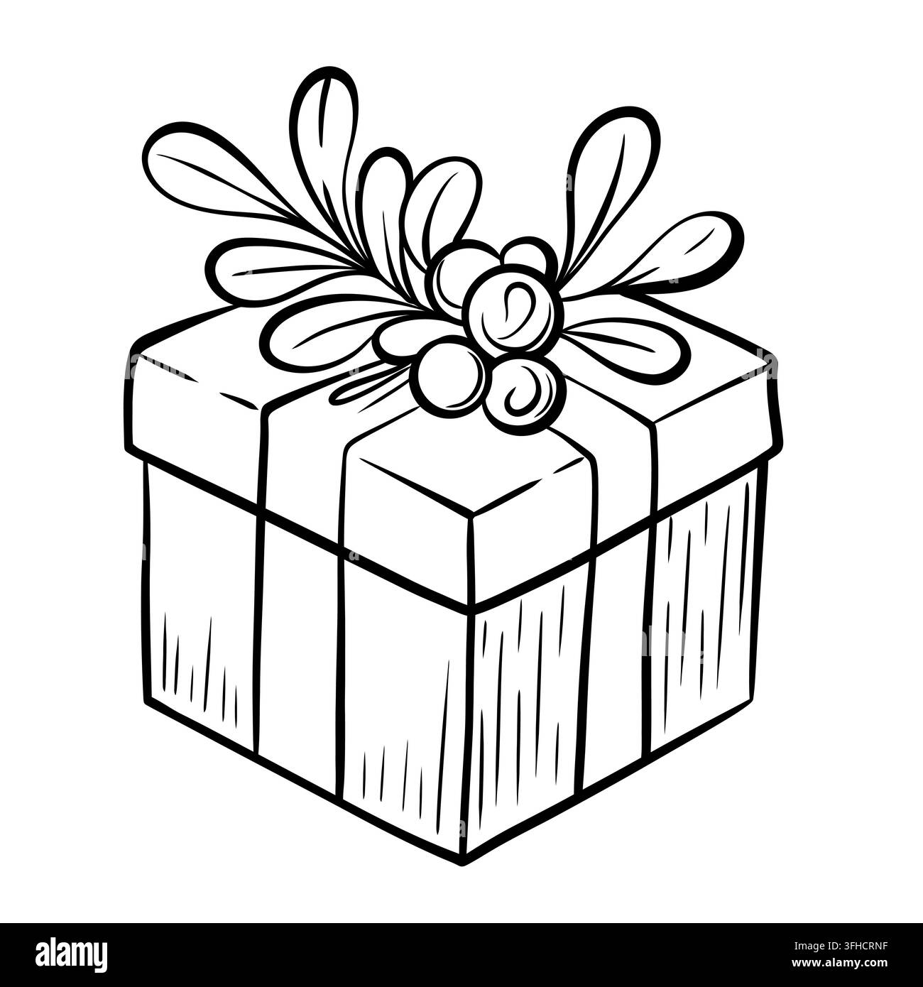 Scatola regalo di Natale con fiocco floreale, regalo incartato, illustrazione vettoriale. Grandi fiori e foglie fluenti decorano il coperchio, mentre disegnato a mano Illustrazione Vettoriale