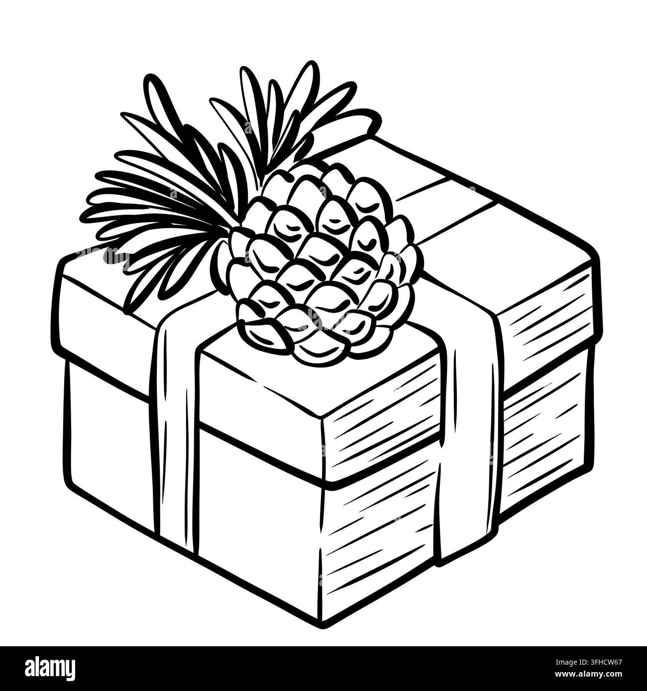 Scatola regalo di Natale con ananas, fogliame, nastro, illustrazione vettoriale. Il pacco rettangolare è sormontato da una composizione botanica insolita Illustrazione Vettoriale
