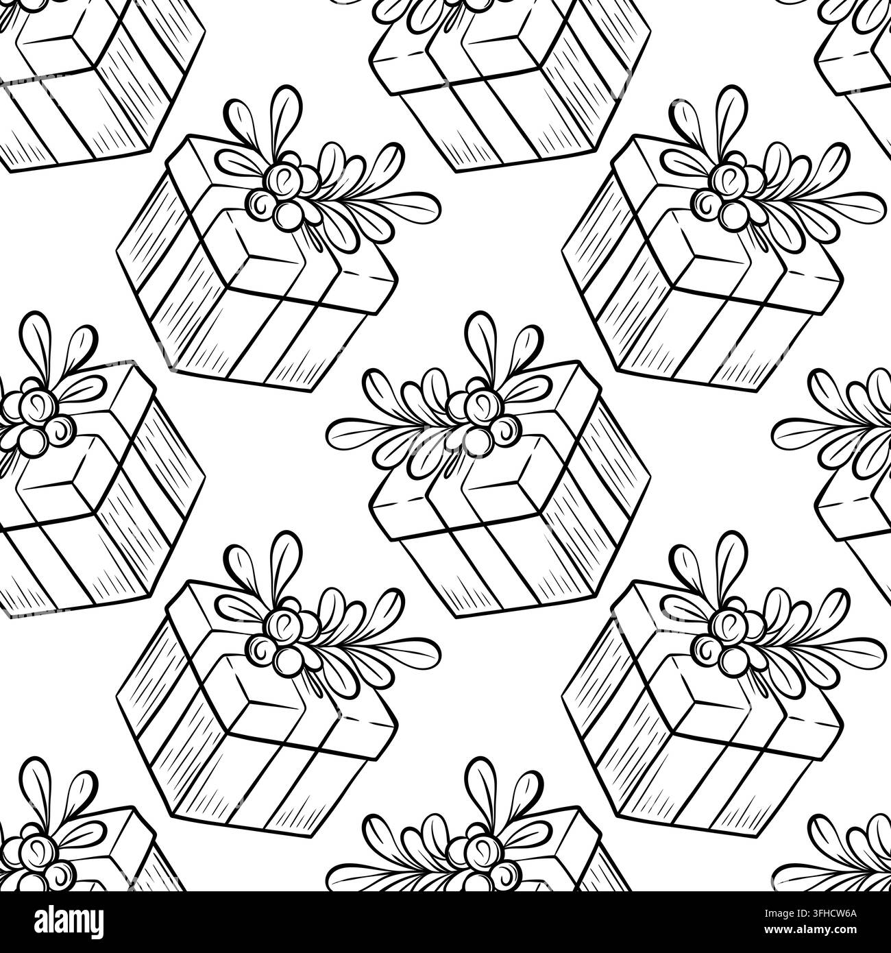 Motivo di scatola regalo di Natale con fiocchi floreali, regali incartati, design senza cuciture vettoriale. Vari pacchi sono sparsi a diversi angoli, creando una Illustrazione Vettoriale