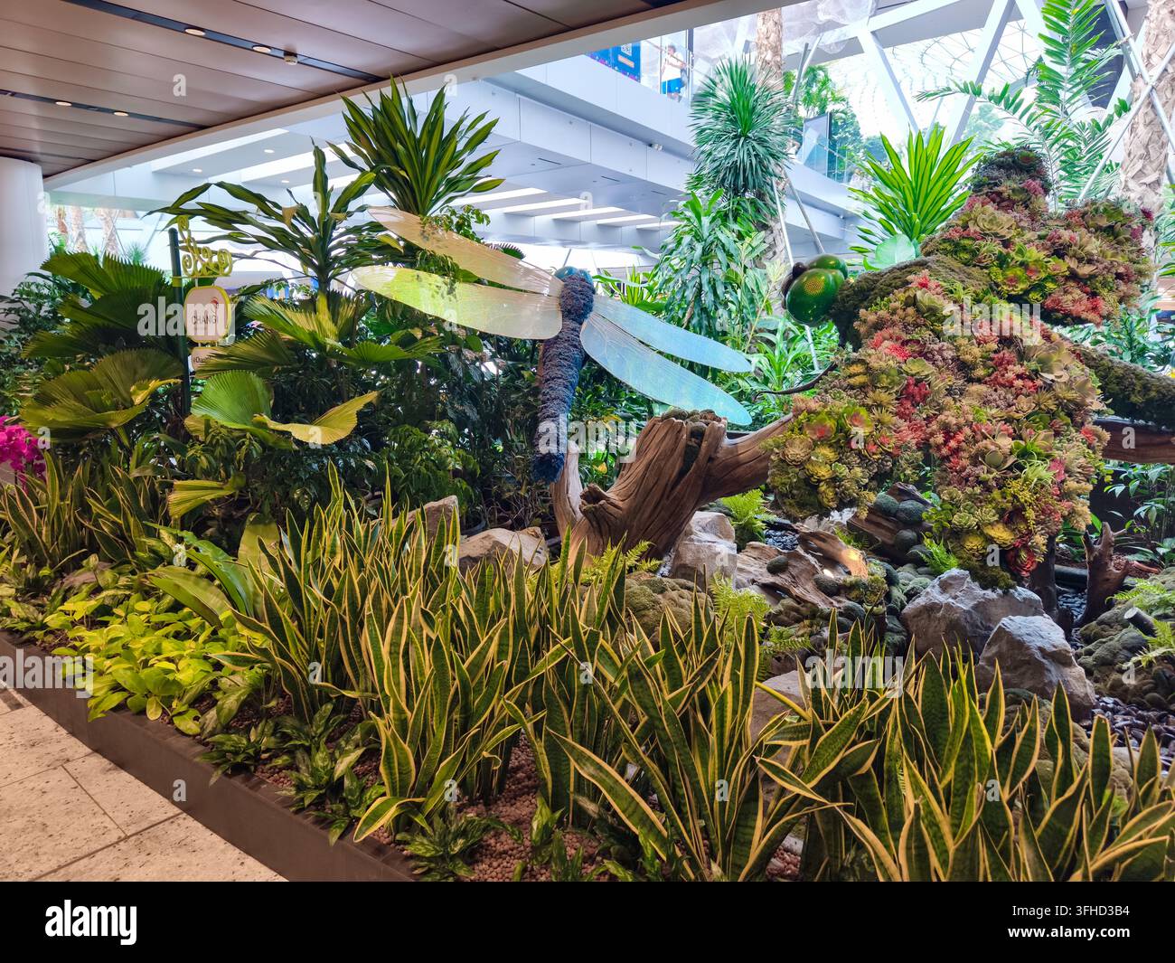 Esposizione da giardino indoor, Arrival Garden al Terminal 1 dell'Aeroporto di Changi a Singapore, con sculture artistiche a forma di libellula e piante tropicali lussureggianti Foto Stock