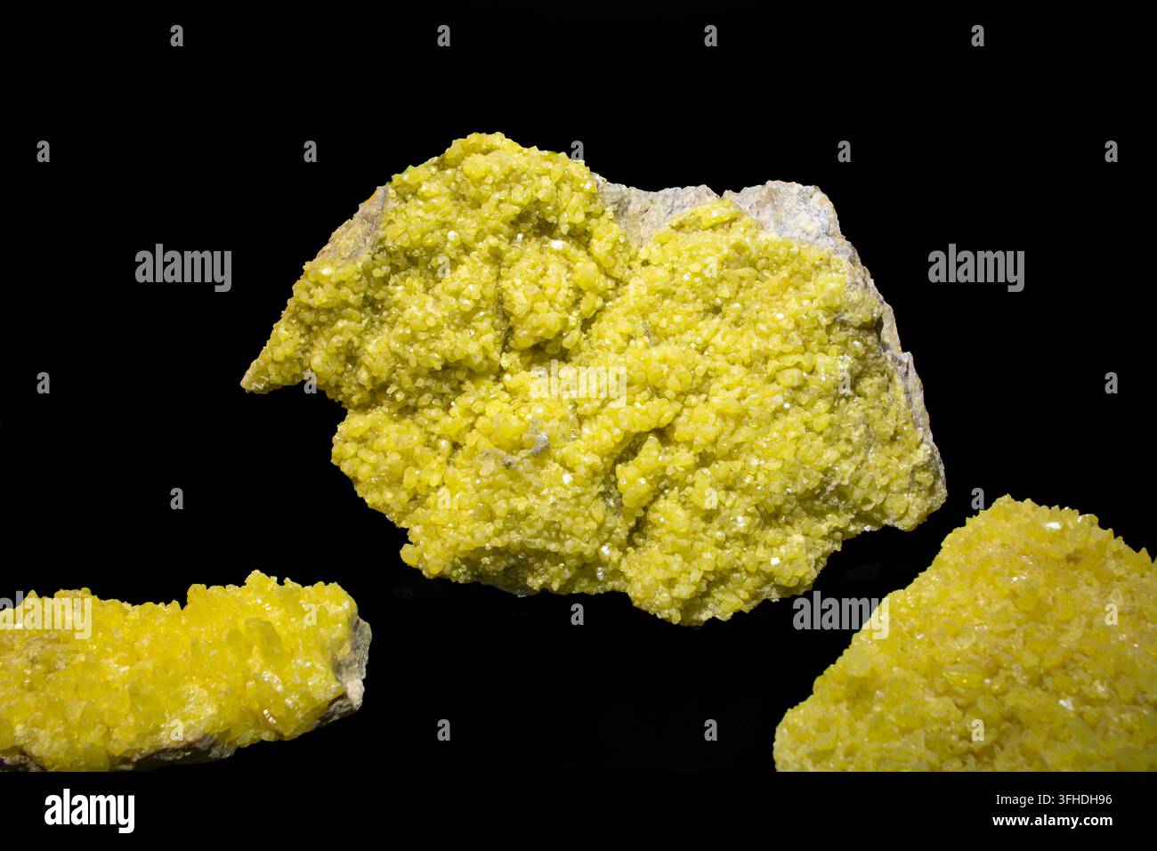 Un primo piano in studio di campioni minerali di zolfo giallo vivace su sfondo nero. Foto Stock