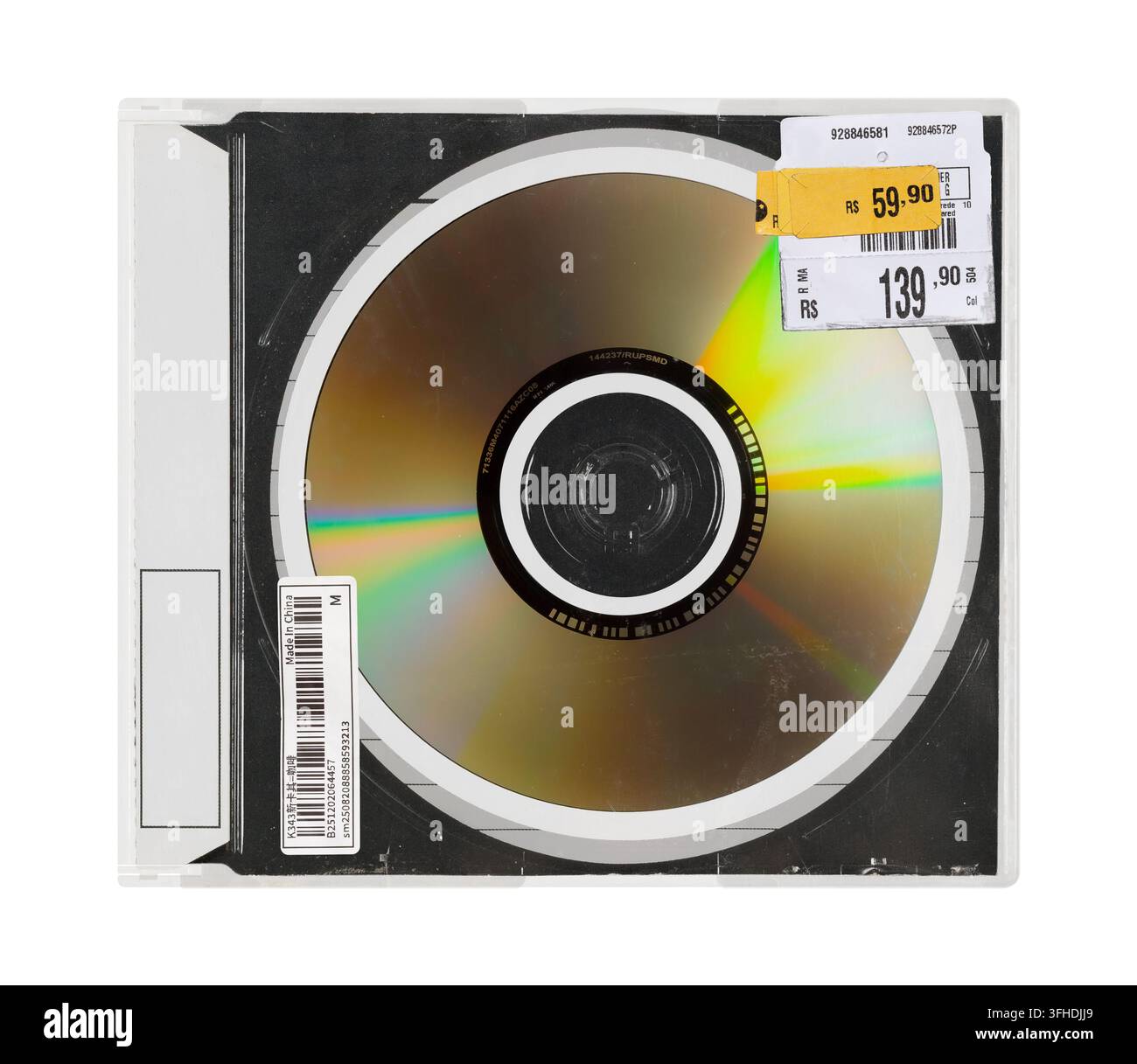 Custodia CD grunge con disco multimediale ed etichetta del prezzo Foto Stock