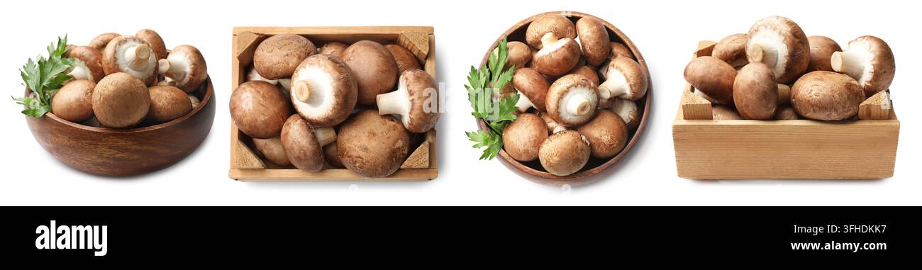 Funghi champignon freschi in ciotola e cassa isolati su bianco, collage. Vista superiore e laterale Foto Stock