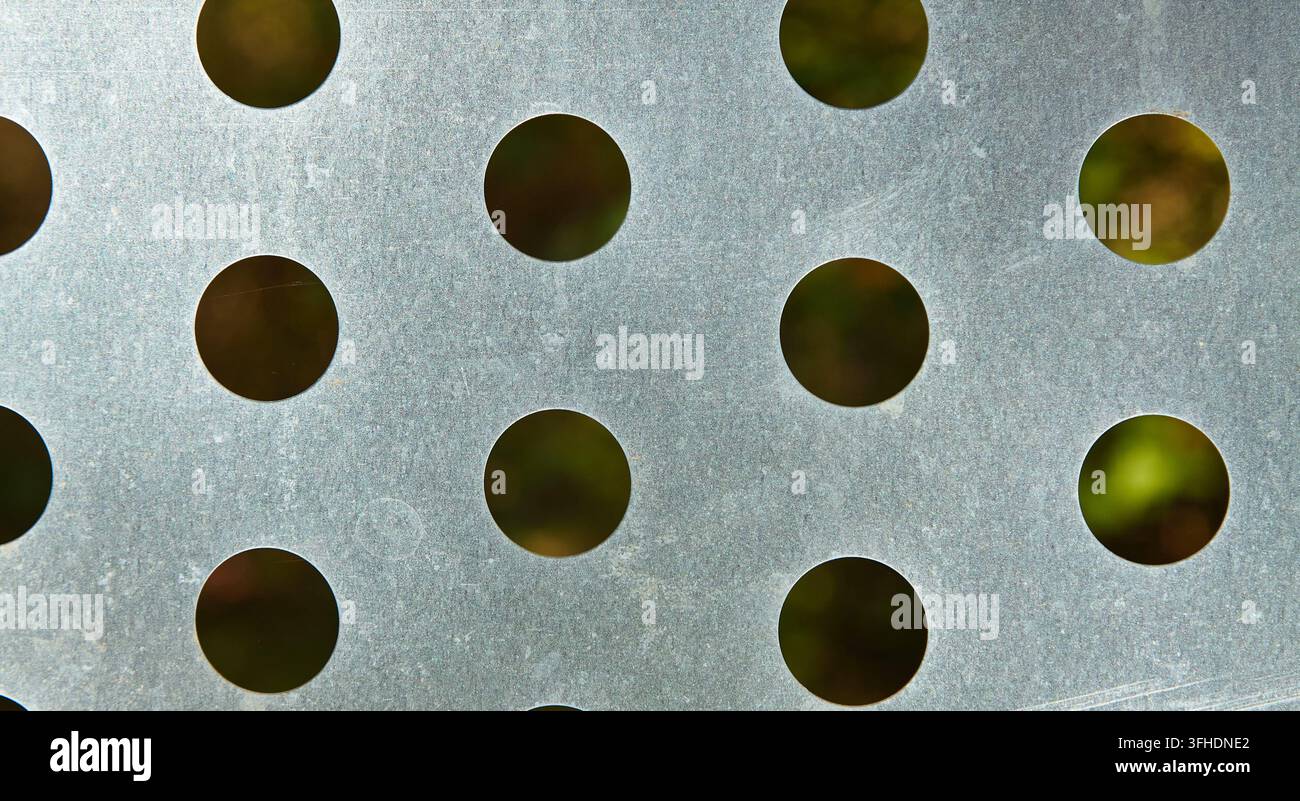 Lamina di metallo in alluminio perforata con fori circolari, che mostra uno sfondo verde sfocato che migliora la profondità visiva e i dettagli del su Foto Stock