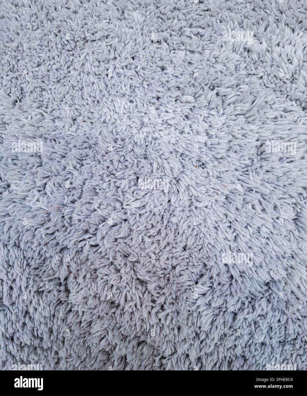 Tappeto grigio morbido e soffice con pelo lungo mostra fibre sintetiche dense e irregolari. La trama evidenzia il suo aspetto invitante in qualsiasi spazio interno. Foto Stock