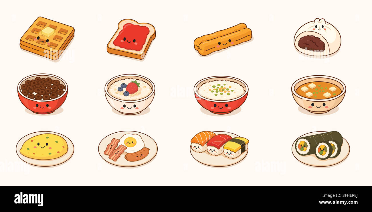 Cibo per la colazione carino con illustrazioni di collezione di cibo asiatico e occidentale Illustrazione Vettoriale