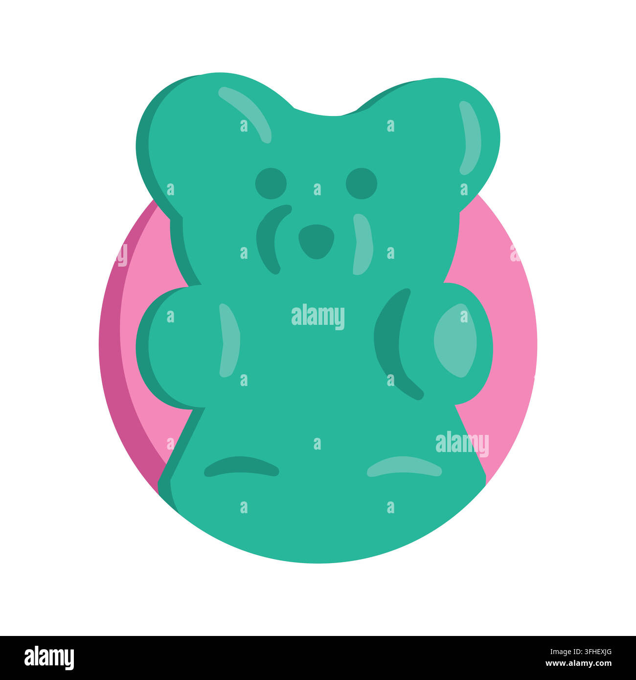 Illustrazione vettoriale piatta di un simpatico simbolo di caramella gommosa verde azzurro su un cerchio rosa, isolato su uno sfondo bianco pulito. Illustrazione Vettoriale
