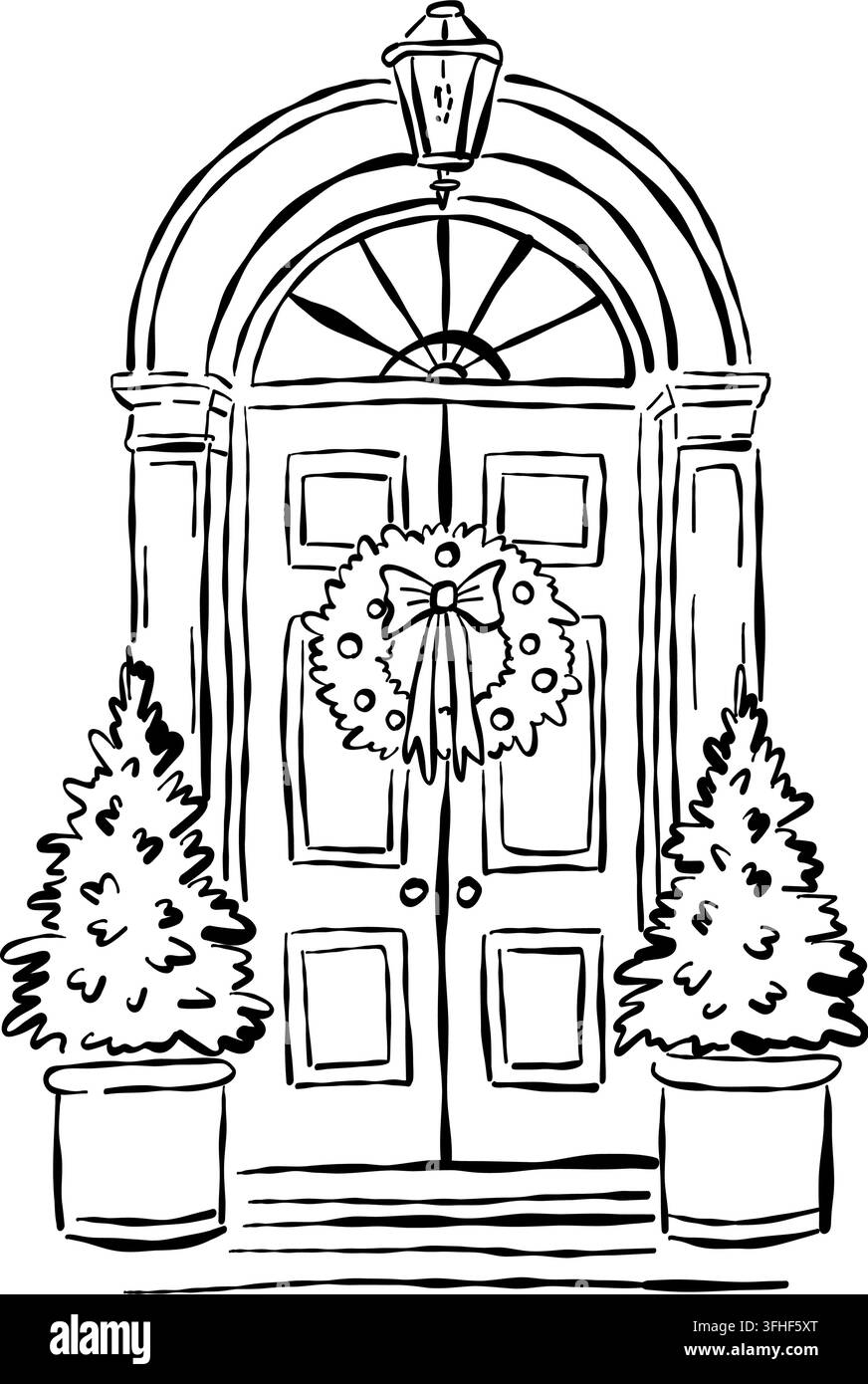 Ingresso della porta di Natale con ghirlanda e lanterna in arte lineare Illustrazione Vettoriale