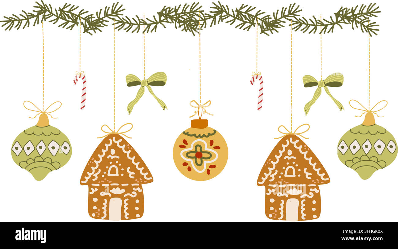 Spazzola per bordi natalizie affascinante con fiocchi giocosi, ornamenti festivi e biscotti di zenzero decorati su uno sfondo bianco pulito. Design piatto stravagante e colorato per tessuti e confezioni festive Illustrazione Vettoriale