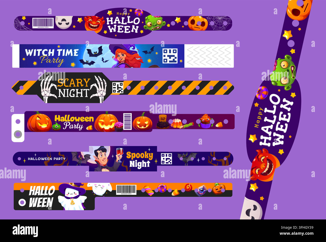 Braccialetto di carta per Halloween felice, pass per feste notturne spaventose. Braccialetti di carta con fantasmi, zucche, strega, vampiro e dolci spaventosi. Illustrazione Vettoriale