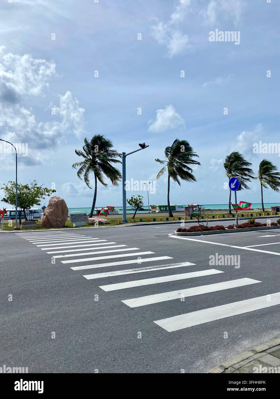 Palme sferzate dal vento accanto alla strada dell'aeroporto costiero sotto un cielo tropicale nuvoloso. - Immagine stock catturata con smartphone