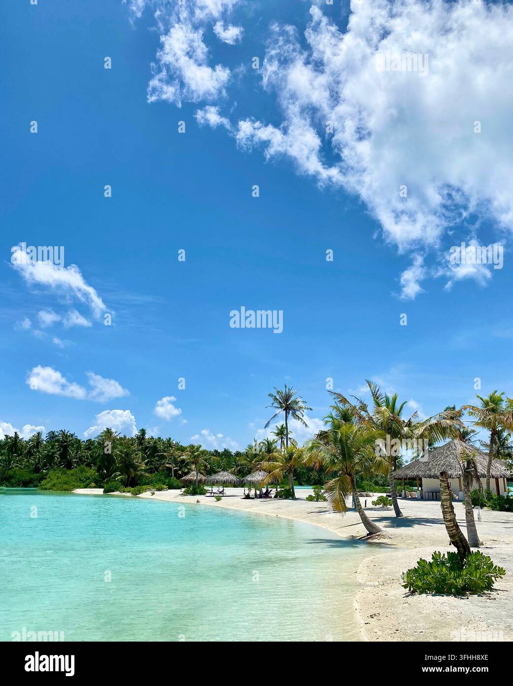 Un resort insulare fiancheggiato da palme si snoda attorno a un tranquillo laghetto turchese sotto la luce intensa del sole. Foto Stock