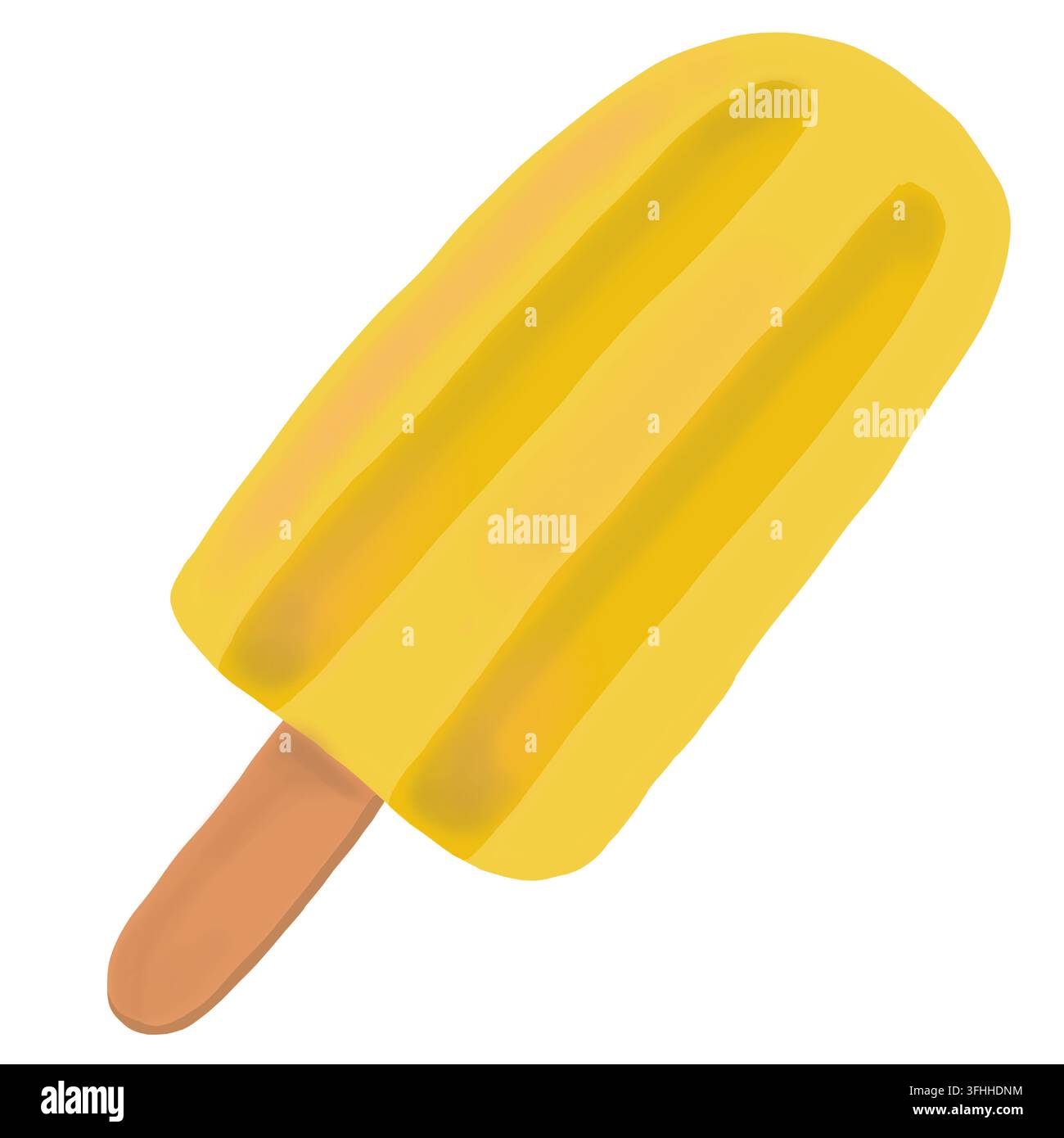 Un'illustrazione digitale disegnata a mano di una singola ghiacciola con dettagli scanalati e un bastoncino di legno, isolata su uno sfondo semplice. Foto Stock