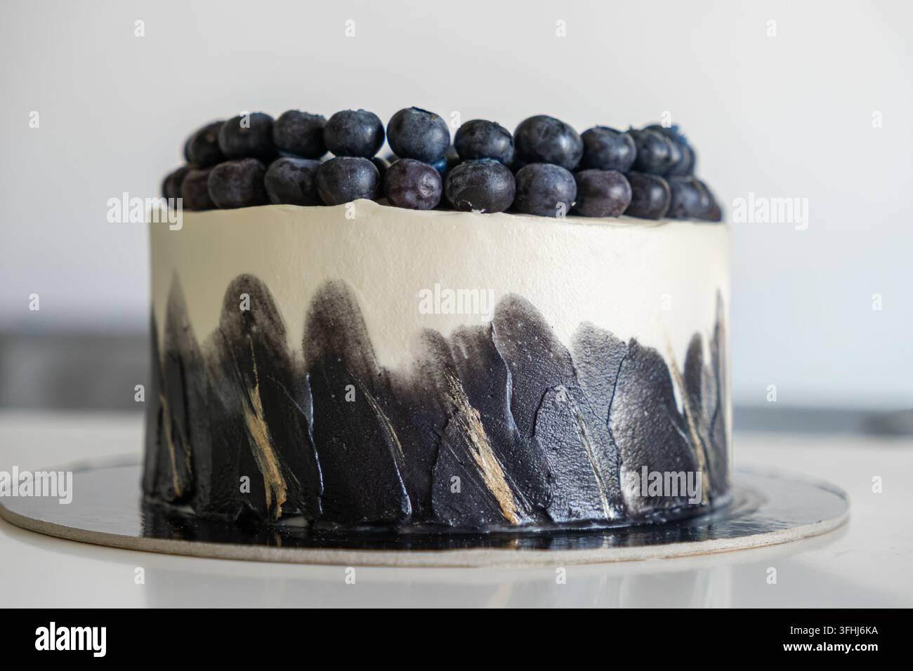 Un dessert elegante con uno strato superiore bianco liscio e una base di glassa nera spazzolata audace con accenti dorati, sormontato di mirtilli freschi per un così Foto Stock