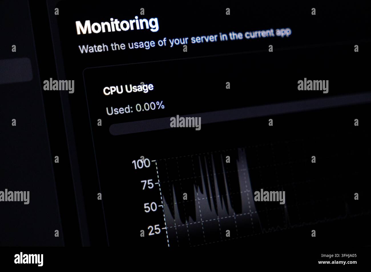 L'interfaccia dello schermo tecnico mostra i livelli di carico del processore all'interno di una piattaforma di applicazioni Web che fornisce informazioni visive sui dati per una rete professionale Foto Stock