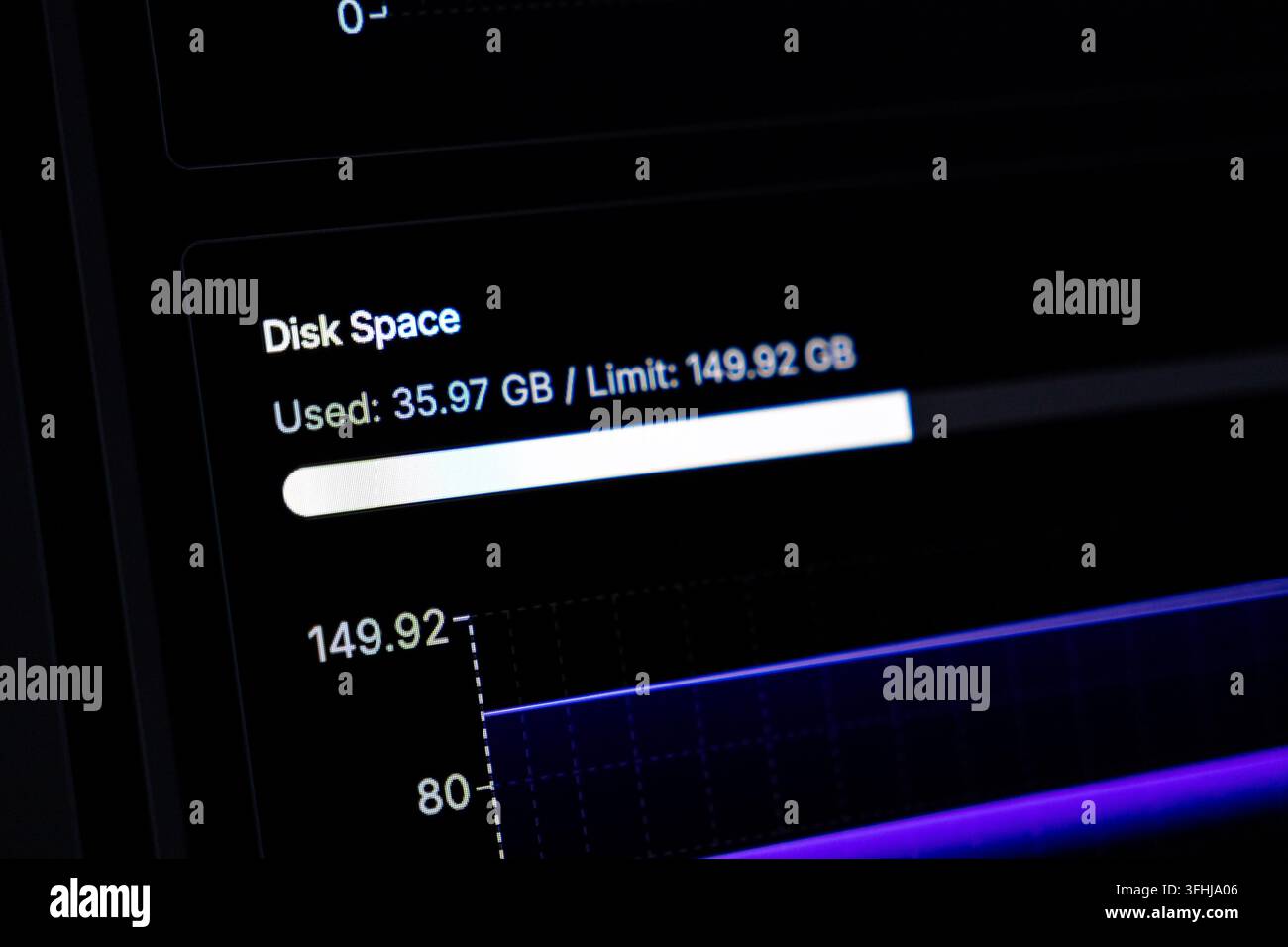 Un'interfaccia che mostra statistiche di archiviazione su un cruscotto digitale scuro, rappresentante un indicatore di progresso per la memoria di sistema, monitoraggio delle tecnologie dell'informazione Foto Stock