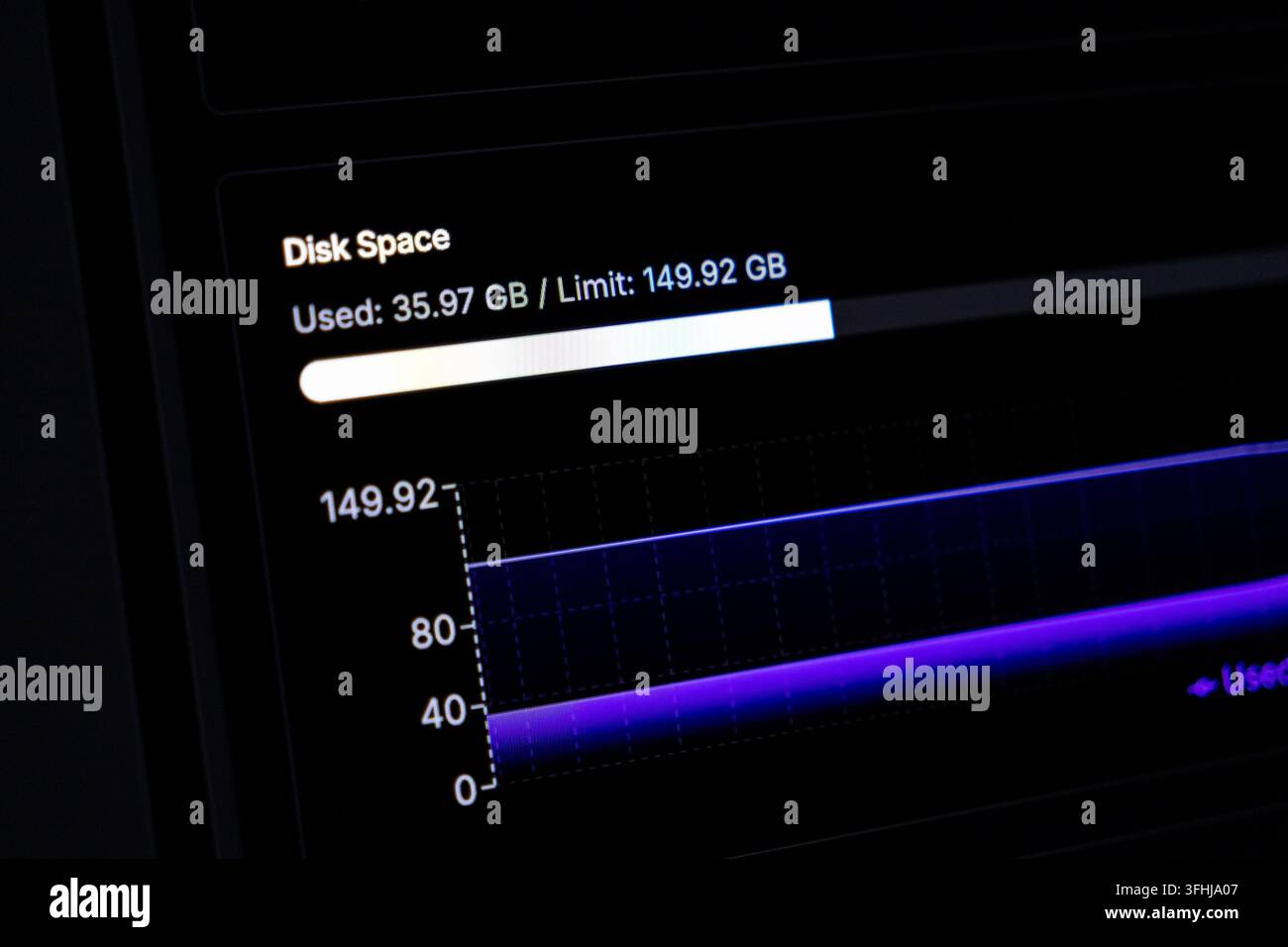 Metriche di archiviazione digitale visualizzate su un'interfaccia di monitor del computer scuro, rappresentanti analitiche per il monitoraggio della capacità, la manutenzione del server e il sistema per Foto Stock