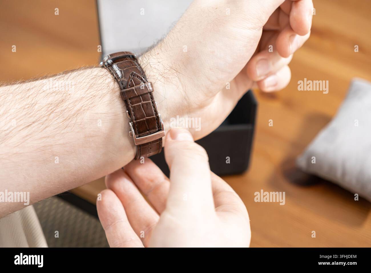 Un individuo fissa un orologio di lusso con un cinturino a motivo di coccodrillo scuro, evidenziando un apprezzamento per l'artigianalità e l'eleganza all'interno di un soph Foto Stock