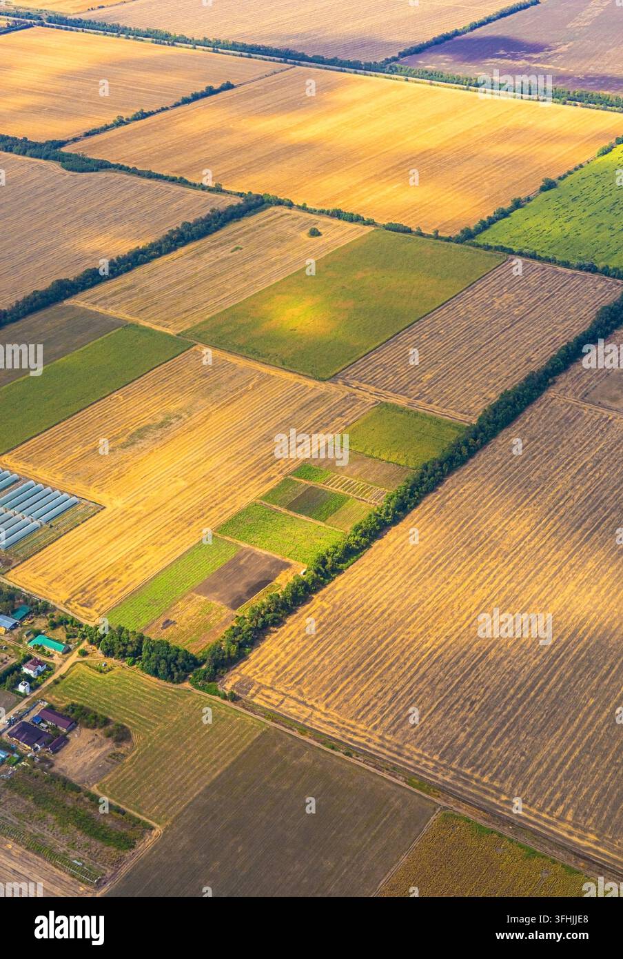Terreni agricoli che mostrano colture diverse in un mosaico di campi coltivati e serre Foto Stock
