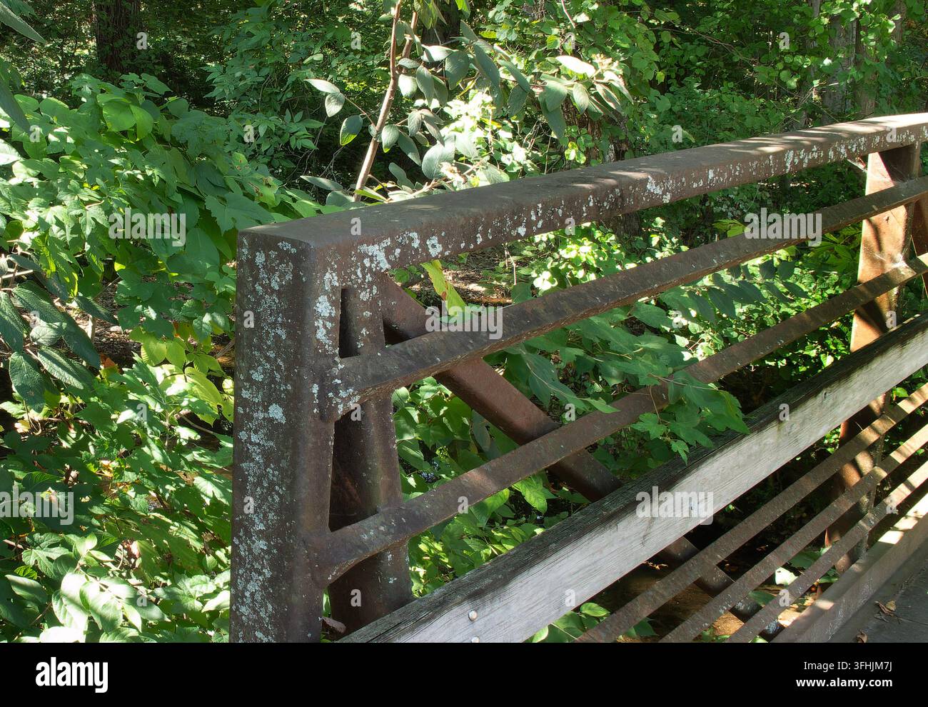 Un parapetto in metallo arrugginito e legno consumato su un ponte pedonale o un passaggio sopraelevato all'aperto Foto Stock