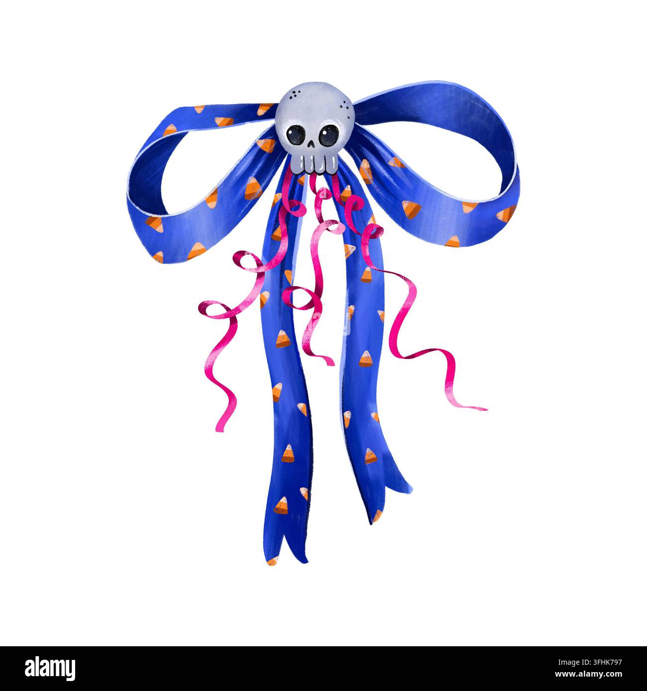 Fiocco di nastro blu per Halloween con simpatico teschio e motivo di dolcetti di mais disegnato a mano, decorazione spaventosa isolata, perfetta per le confezioni regalo di feste di dolcetto o scherzetto e A Foto Stock