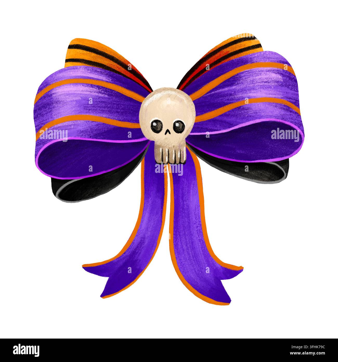 Fiocco a nastro viola a strisce con centro carino a teschio disegnato a mano accessorio spaventoso isolato perfetto per feste gotiche costume di Halloween artigianato horror e Foto Stock