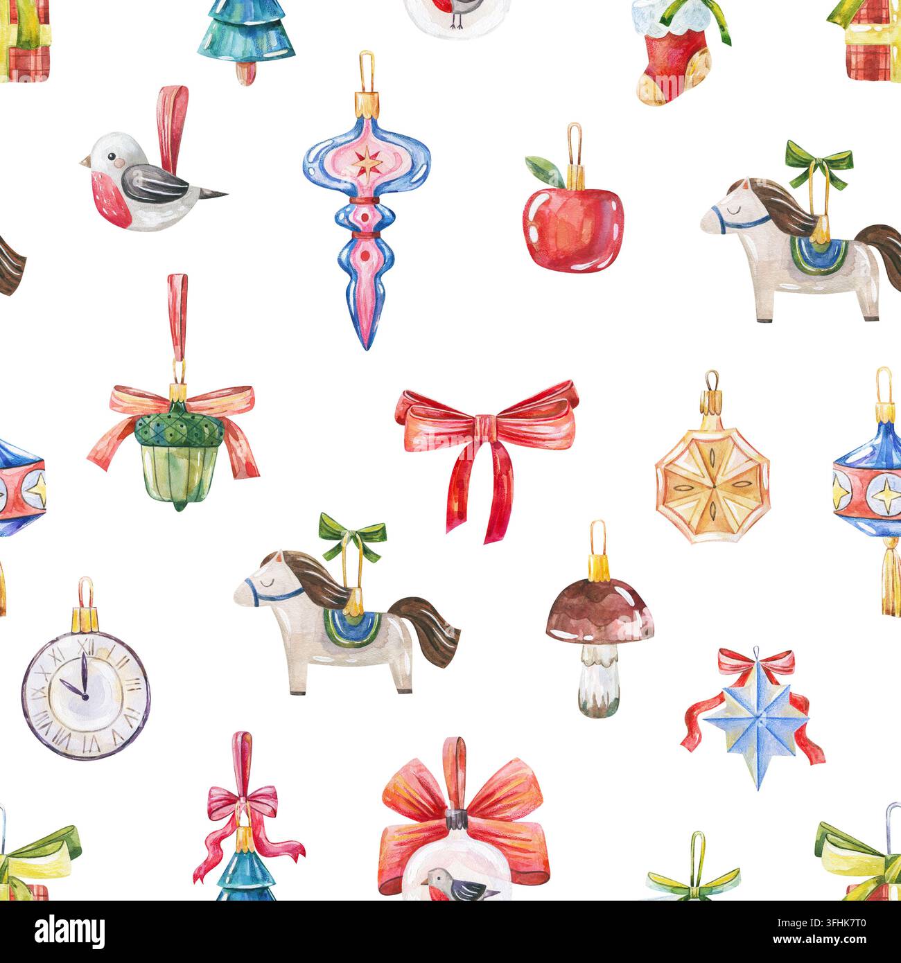 Modello senza cuciture di giocattoli e decorazioni per alberi di Natale vintage dipinti a mano ad acquerello su bianco. Perfetto per carta da pacchi, biglietti di auguri e festività Foto Stock