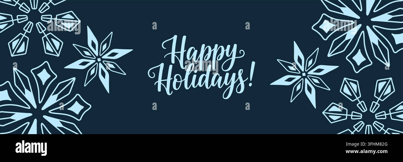 Banner natalizio blu scuro con scritta « Happy Holidays » e fiocchi di neve disegnati a mano in vettore Illustrazione Vettoriale