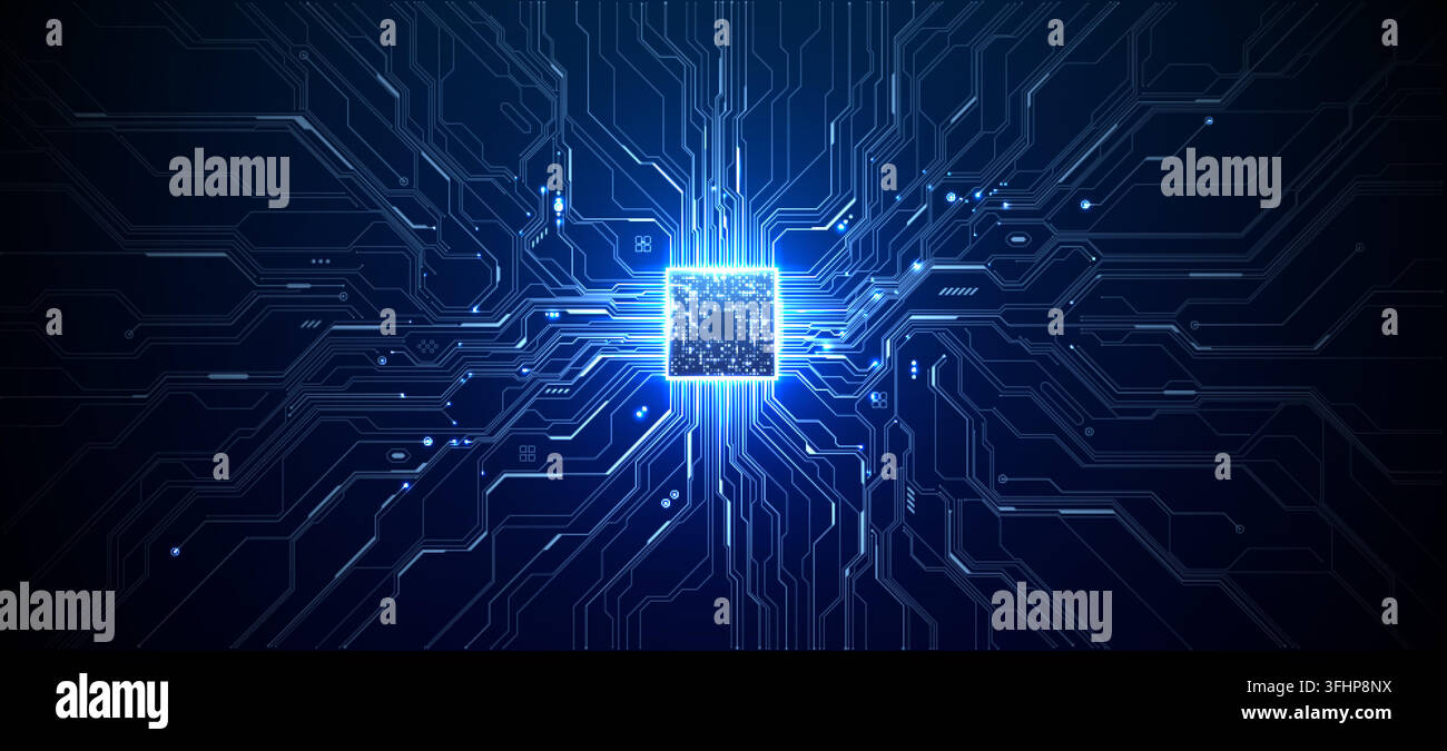 Circuito stampato AI con processore a microchips luminoso, che mostra tecnologia a semiconduttori e percorsi di dati digitali in un design futuristico con luci blu. Illustrazione Vettoriale
