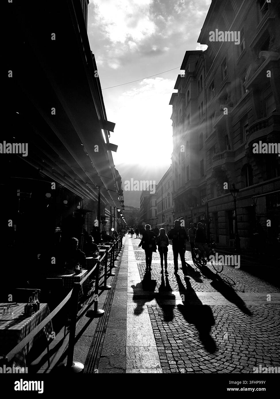 Silhouette di persone che camminano in città, ombre lunghe, bianco e nero Foto Stock