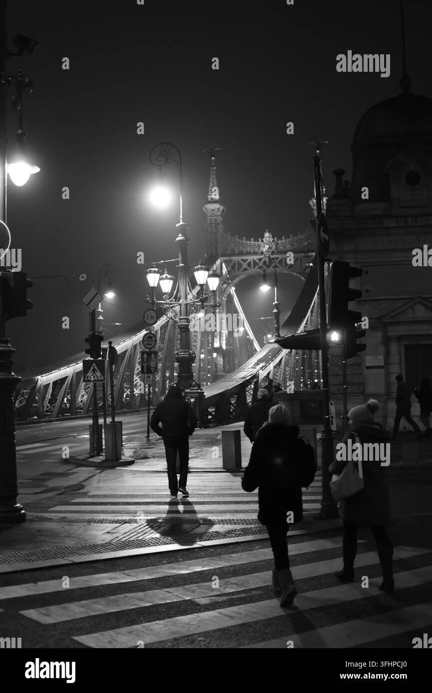 persone camminano in città di notte, vecchio ponte sullo sfondo, inverno a Budapest, bianco e nero Foto Stock