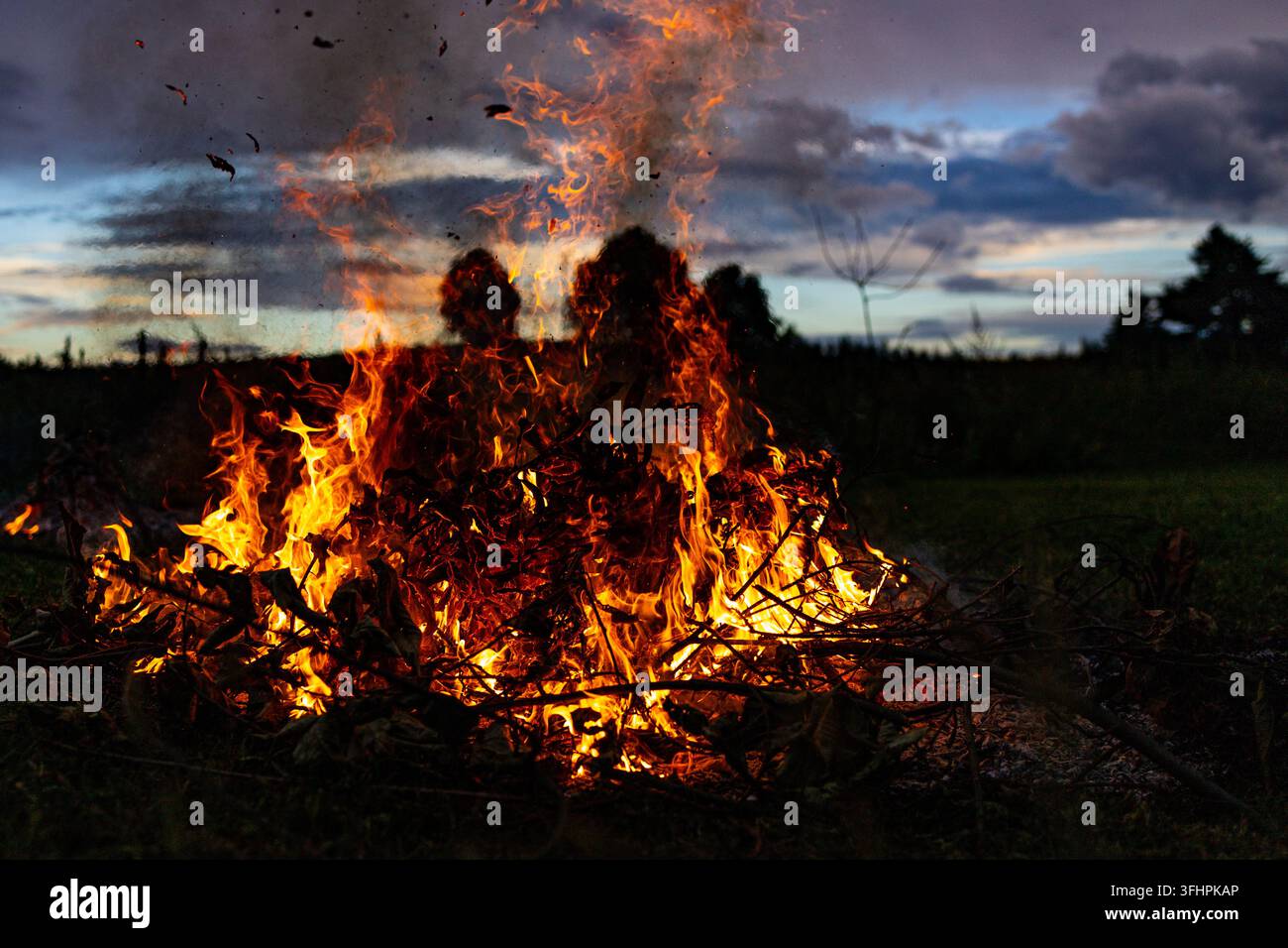 Fuoco ardente nel campo al tramonto. Fuoco nel campo. Foto Stock